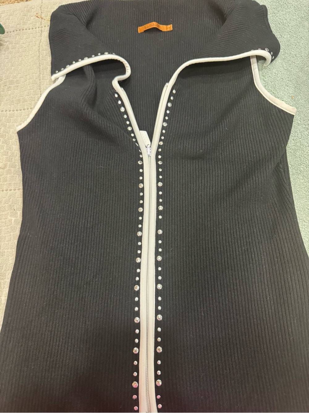 Belldini Black And White Trim Rhinestone And Studs Zipper Vest, Knitted (CL-5)